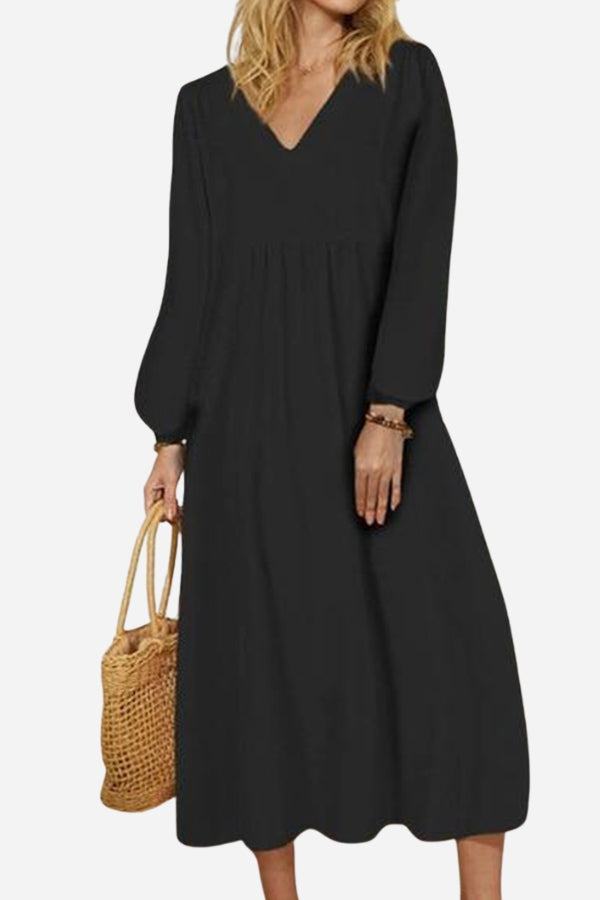 Women's V-Neck Midi Dress Smocked Waist Balloon Sleeves
