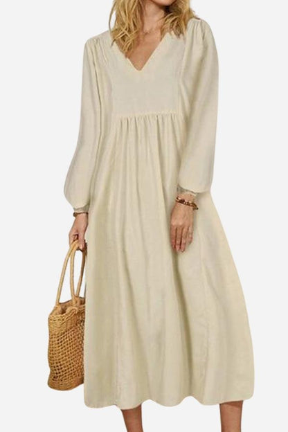 Women's V-Neck Midi Dress Smocked Waist Balloon Sleeves