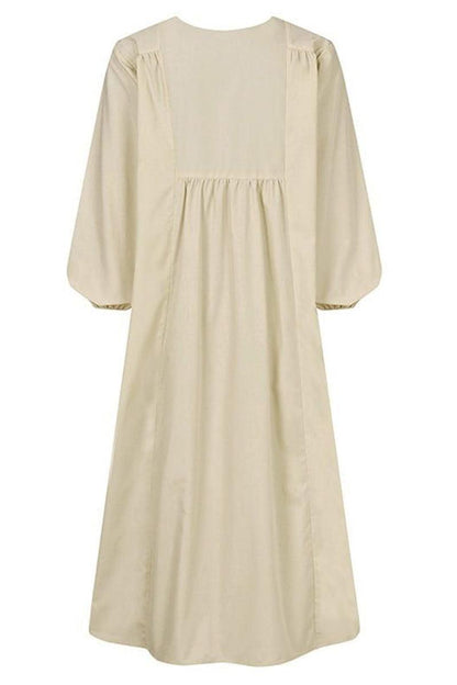 Women's V-Neck Midi Dress Smocked Waist Balloon Sleeves