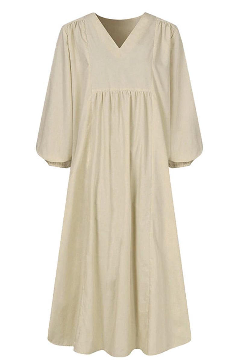 Women's V-Neck Midi Dress Smocked Waist Balloon Sleeves