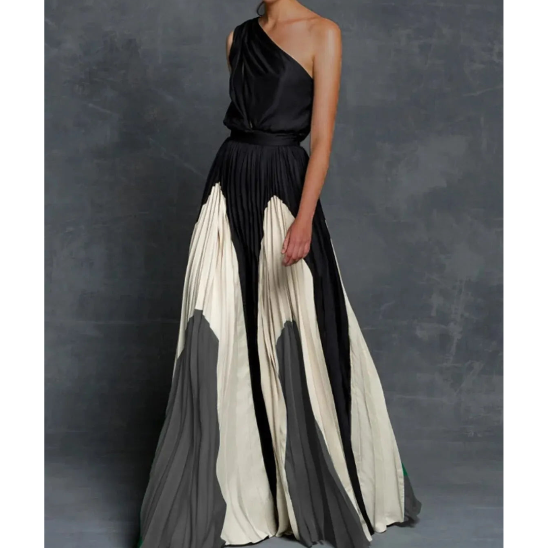 Women's Pleated Maxi Dress Color Block Gathered Waist - VibreMode