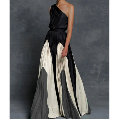 Women's Pleated Maxi Dress Color Block Gathered Waist - VibreMode