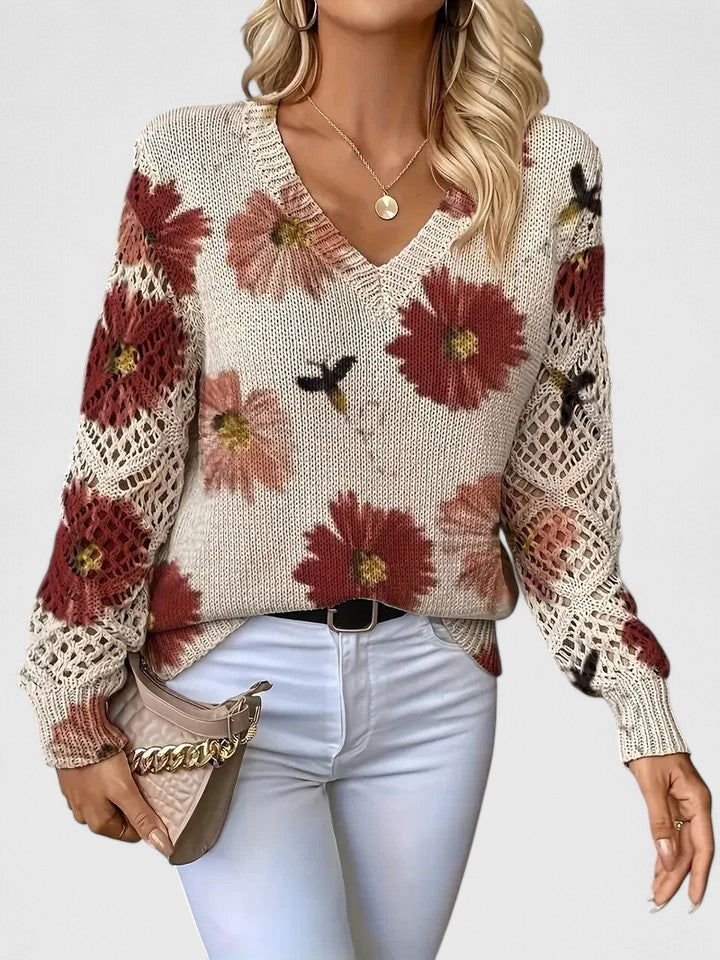 Women's V-Neck Crochet Sweater Floral