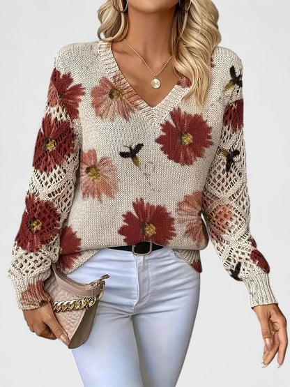 Women's V-Neck Crochet Sweater Floral