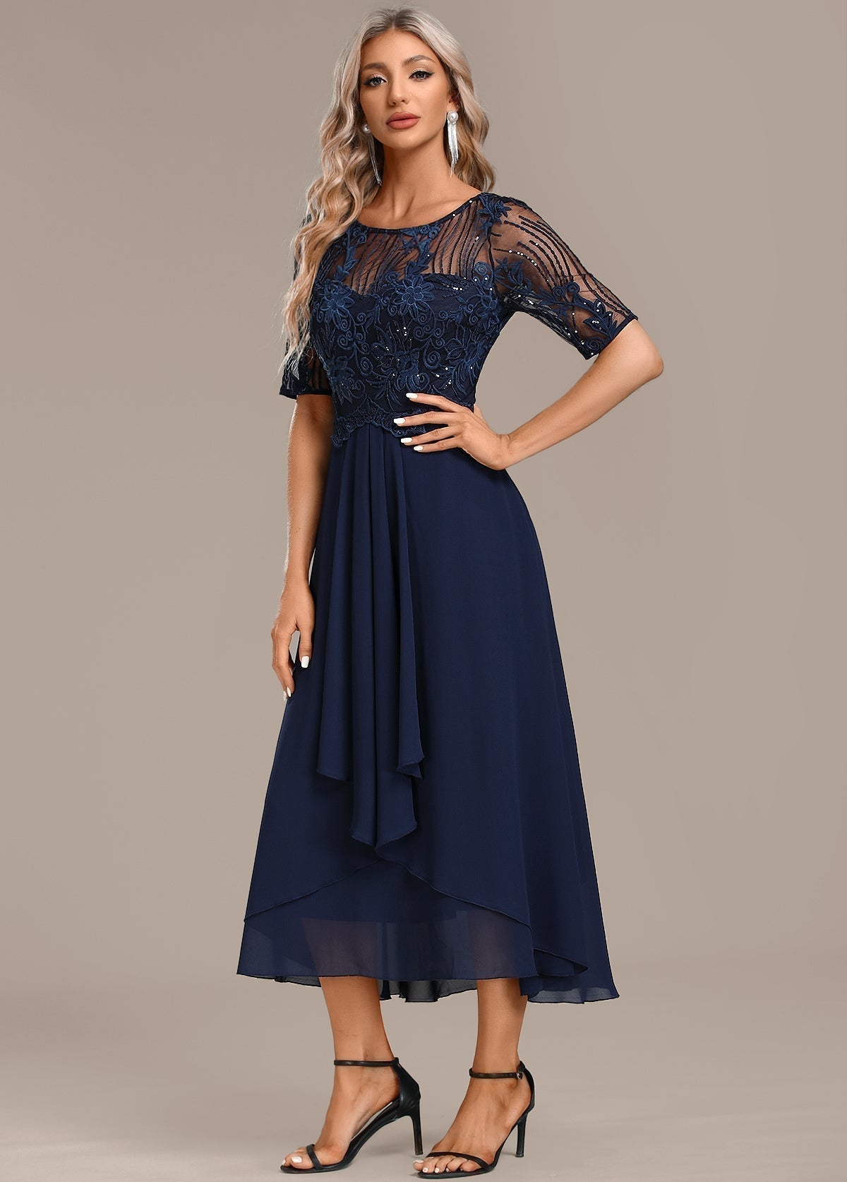 Women's Lace Midi Dress Round Neck