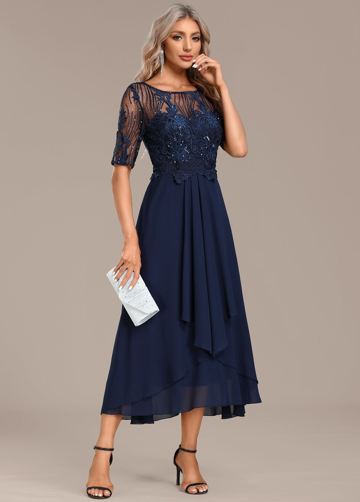 Navy Lace Short Sleeve Round Neck Dress