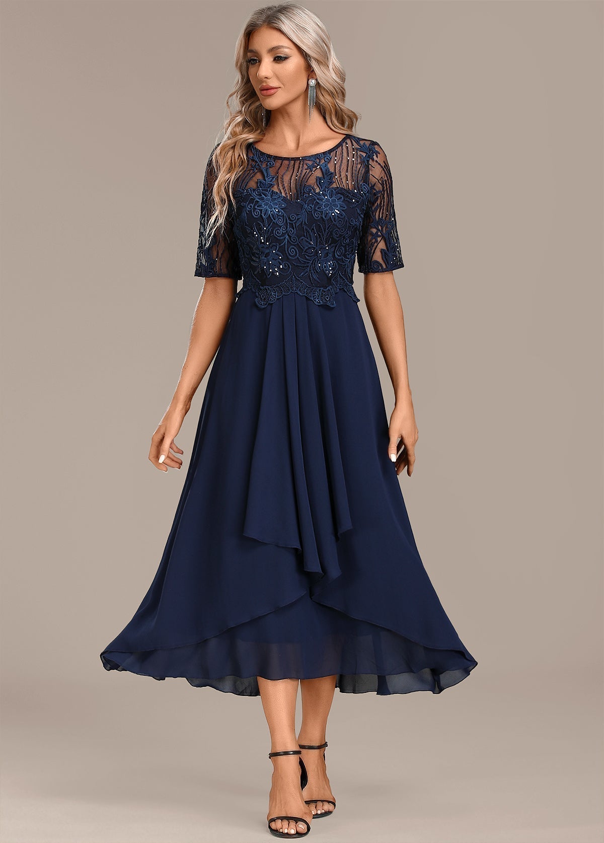 Women's Lace Midi Dress Round Neck - VibreMode