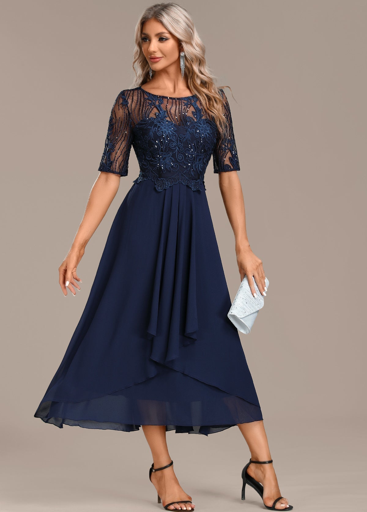 Women's Lace Midi Dress Round Neck