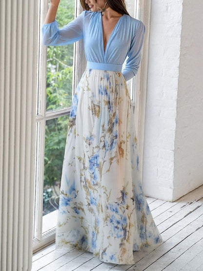 Women's Floral Maxi Dress Long Sleeve V-Neck