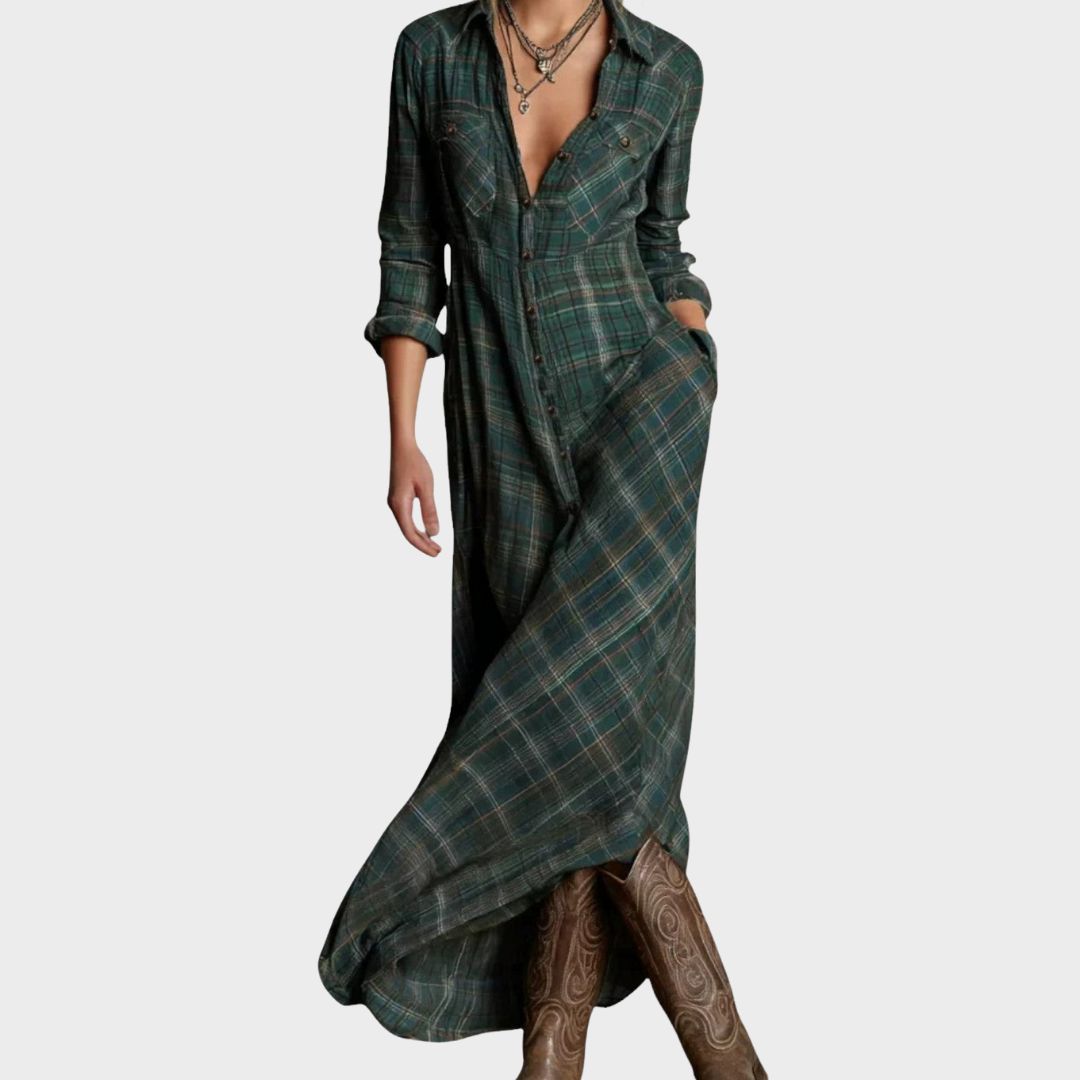 Women's Plaid Dress Collared Neckline - VibreMode