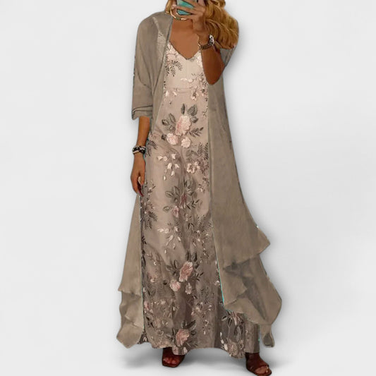 Beautiful Floral Maxi Dress with Cardigan Set - VibreMode