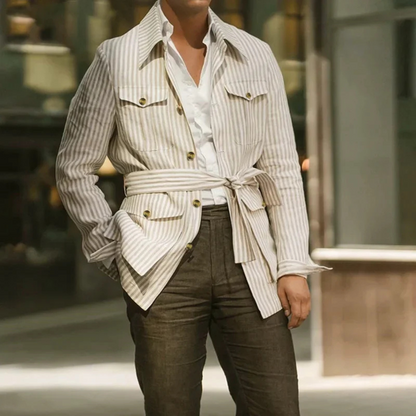 Men's Linen Shirt Striped Lightweight Beige