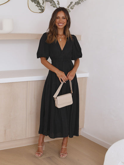 Women's Casual V-Neck Puff Sleeve Midi Dress