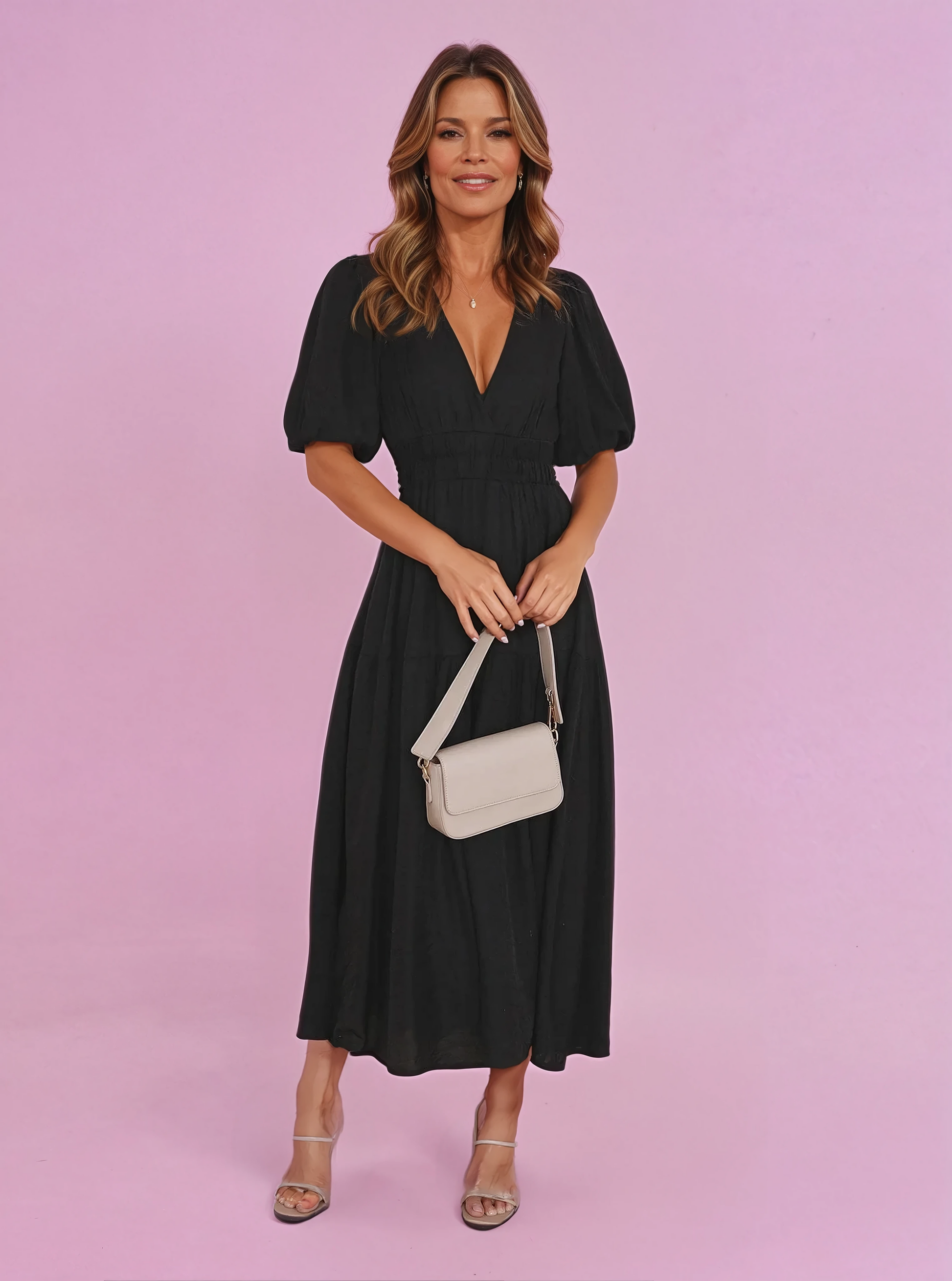 Women's Casual V-Neck Puff Sleeve Midi Dress - VibreMode