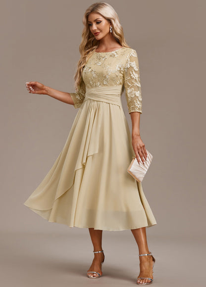 Women's Midi Chiffon Dress Floral Lace Detail - VibreMode