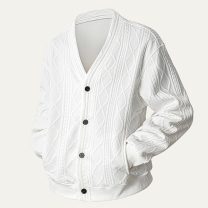 Men's V Neck Cardigan Cable Knit Diamond Pattern