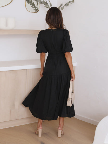Women's Casual V-Neck Puff Sleeve Midi Dress