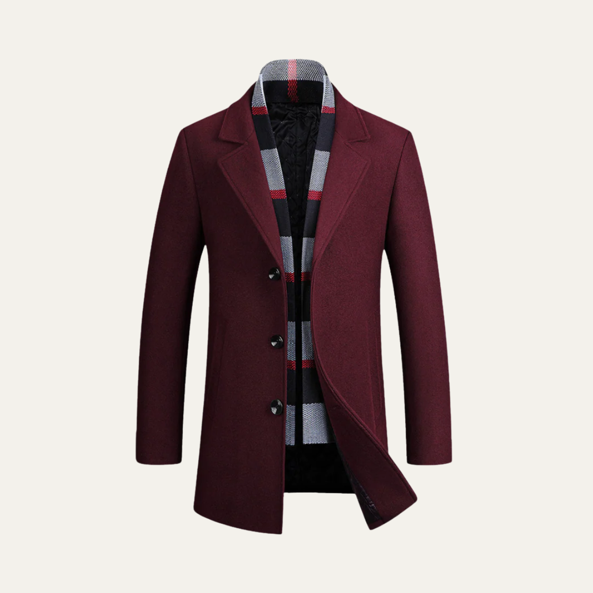 Men's Wool Overcoat Elegant Scarf Detail