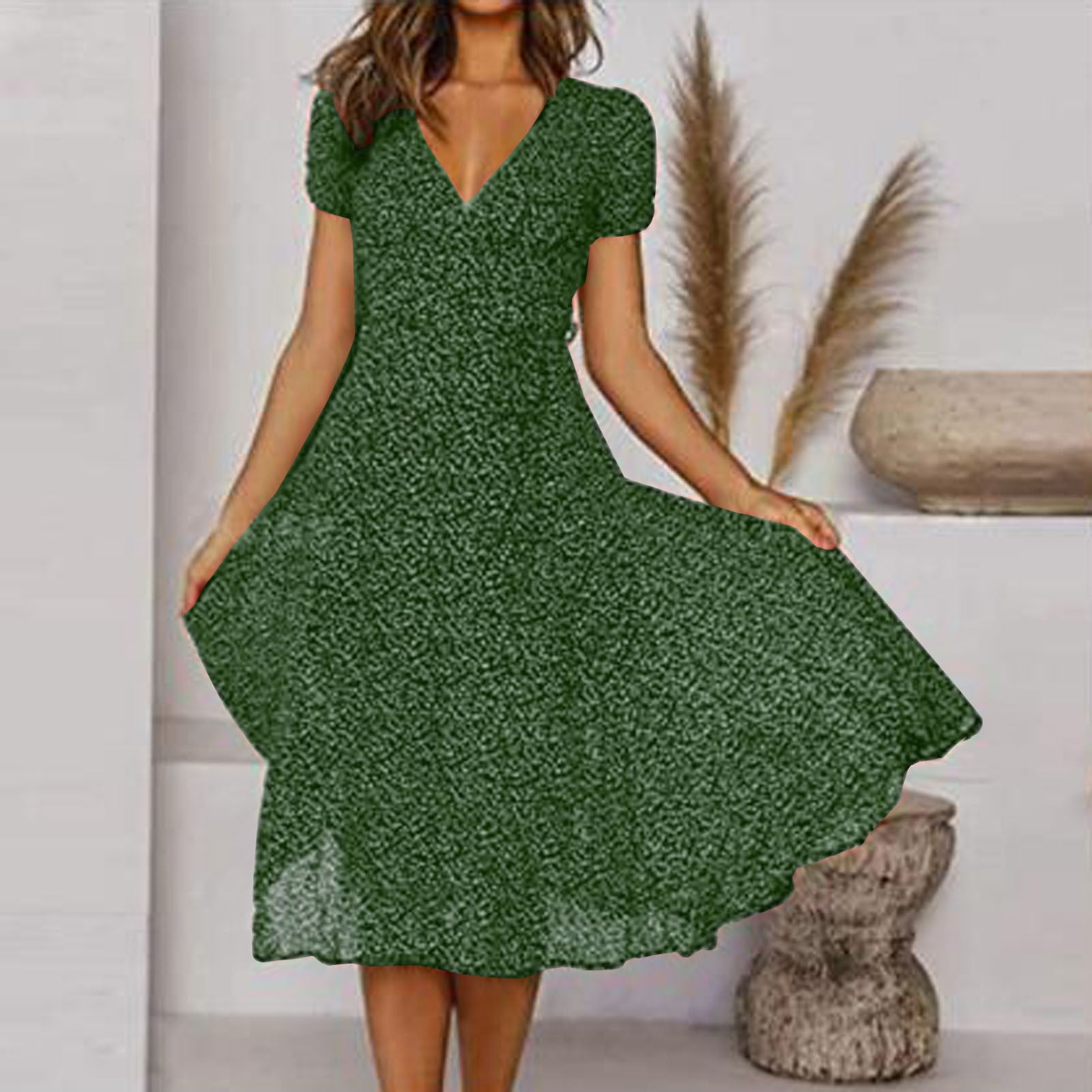 Women's A-Line V-Neck Dress Flowing Skirt - VibreMode