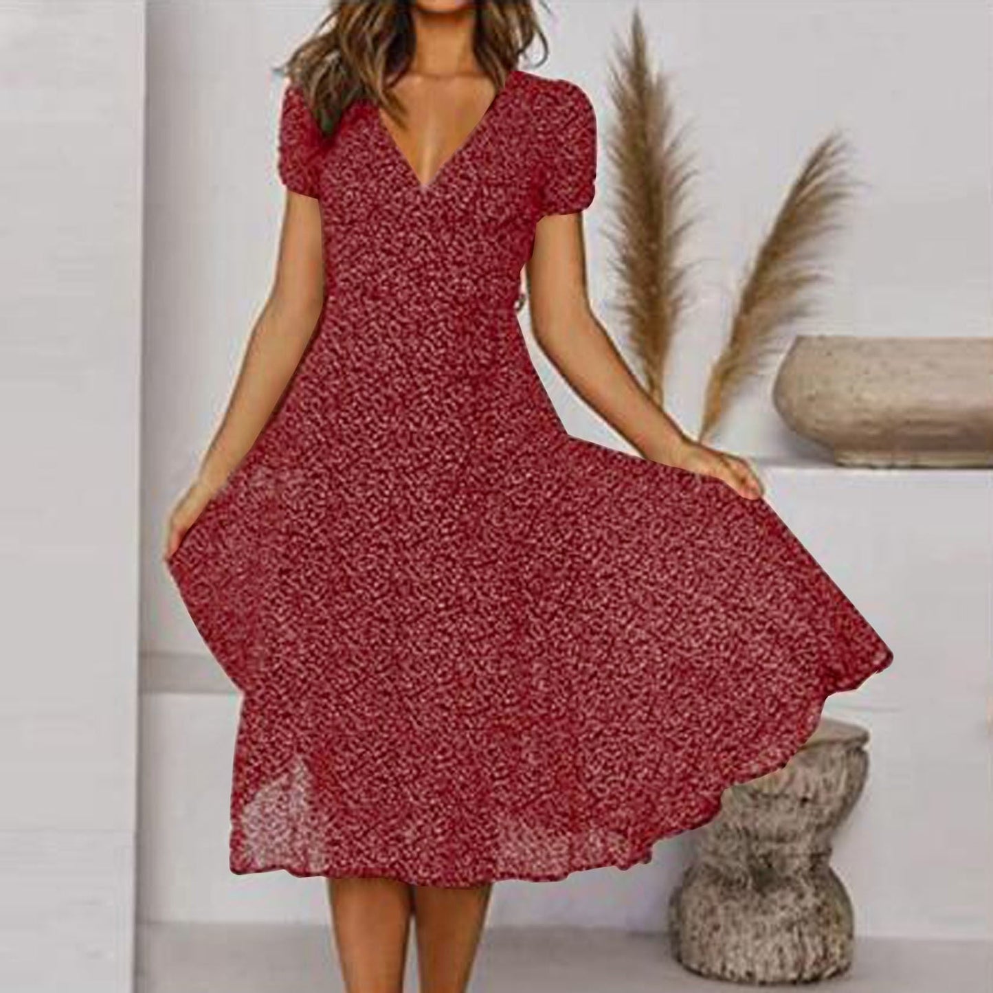 Women's A-Line V-Neck Dress Flowing Skirt