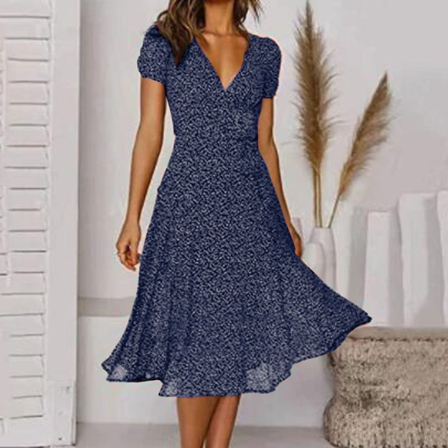 Women's A-Line V-Neck Dress Flowing Skirt