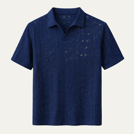 Men's Crochet Knit Polo Shirt Navy Blue - VibreMode