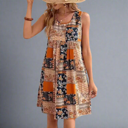 Women's Patchwork Mini Dress Sleeveless Boho Print