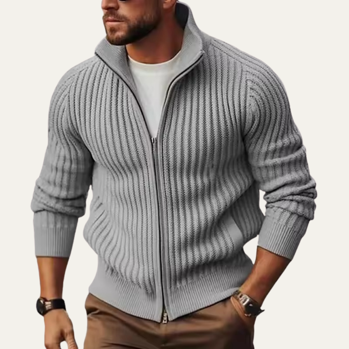 Men's Ribbed Knitted Cardigan Zip Up