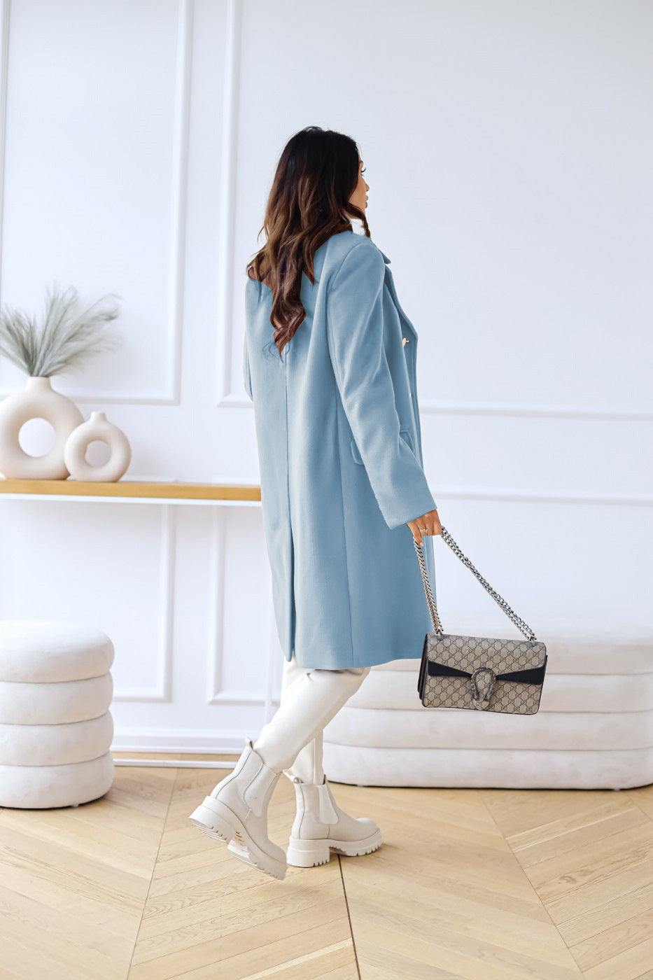 Women's Double-Breasted Long Coat Gold Button Accents