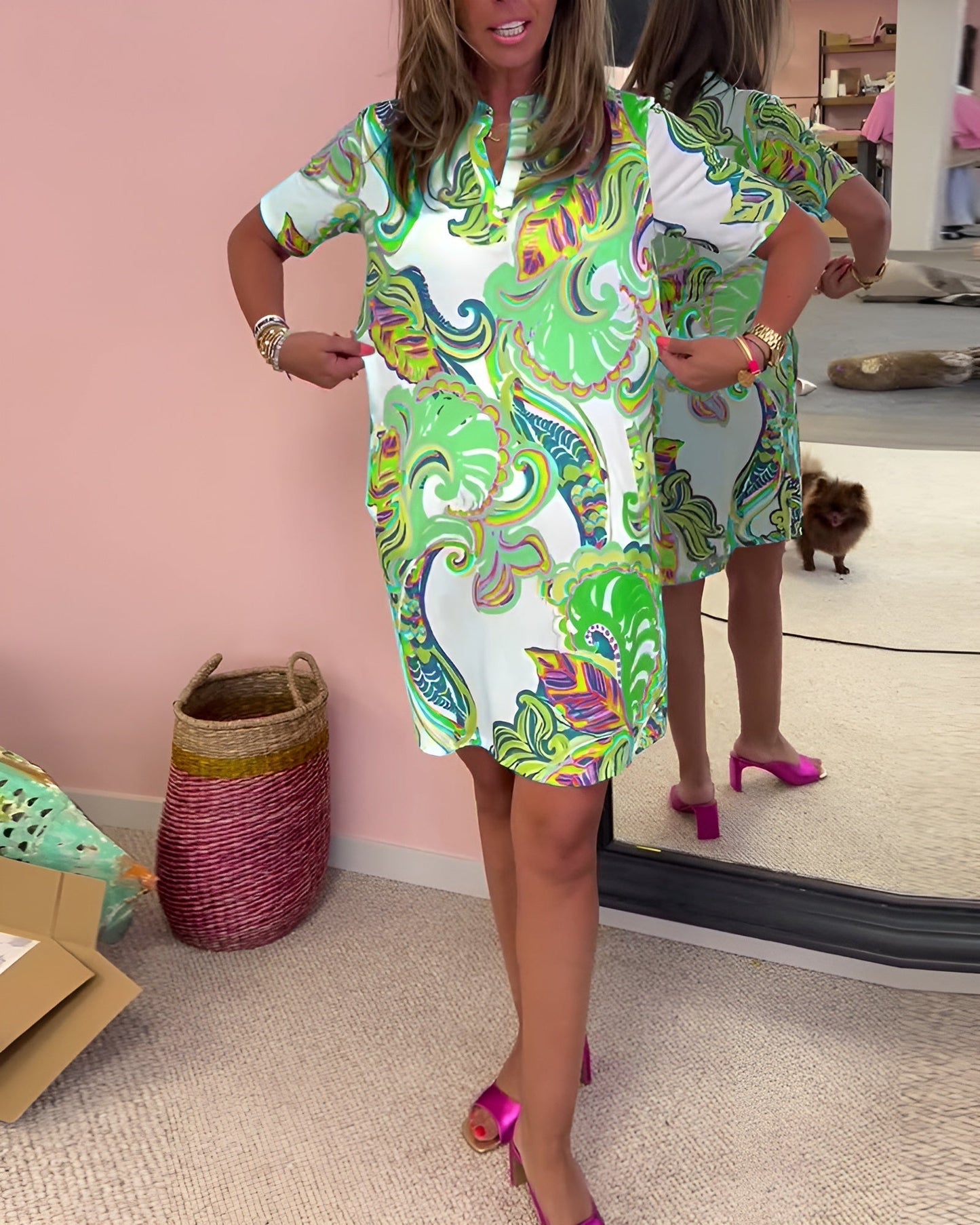 Women's V Neck Printed Draped Dress Tummy Control Casual Summer