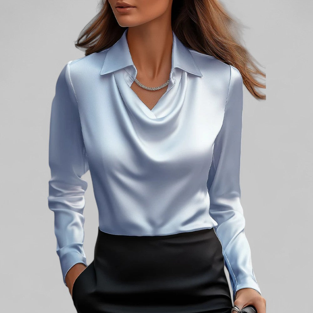 Women's Long Sleeve Satin Blouse Draped Neck