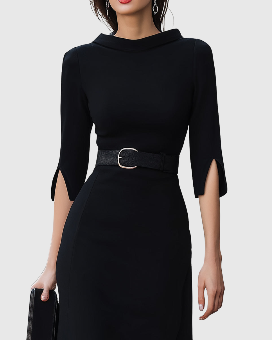 Ladies' Elastic Waist Mock Neck Midi Dress with Flare Sleeves