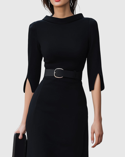 Ladies' Elastic Waist Mock Neck Midi Dress with Flare Sleeves