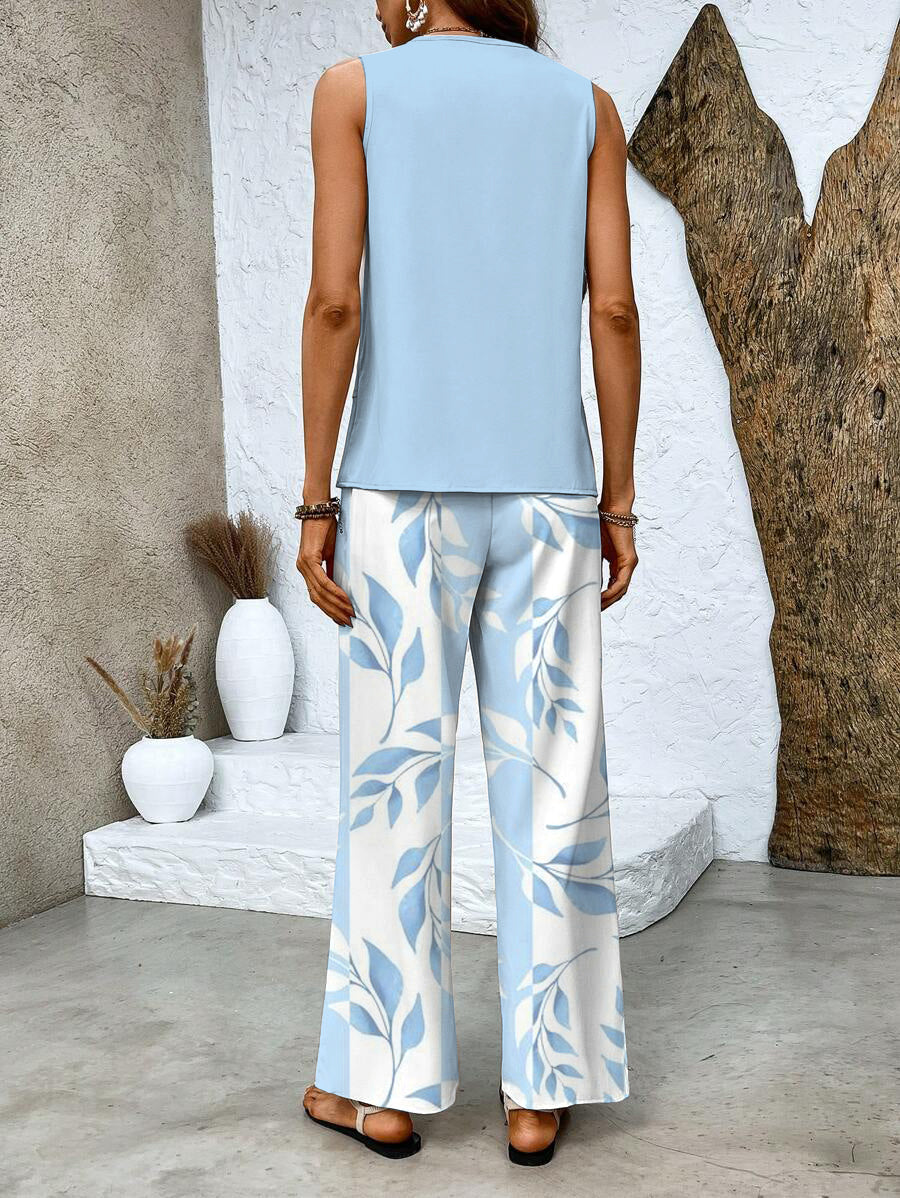 Women's Two Piece Round Neck Wide Leg Pants