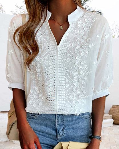 Women's Embroidered Blouse Notch Neck Puff Sleeves White