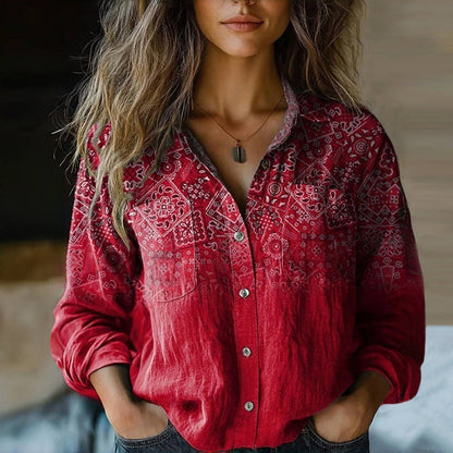 Women's Long Sleeve Vintage Print Blouse - VibreMode