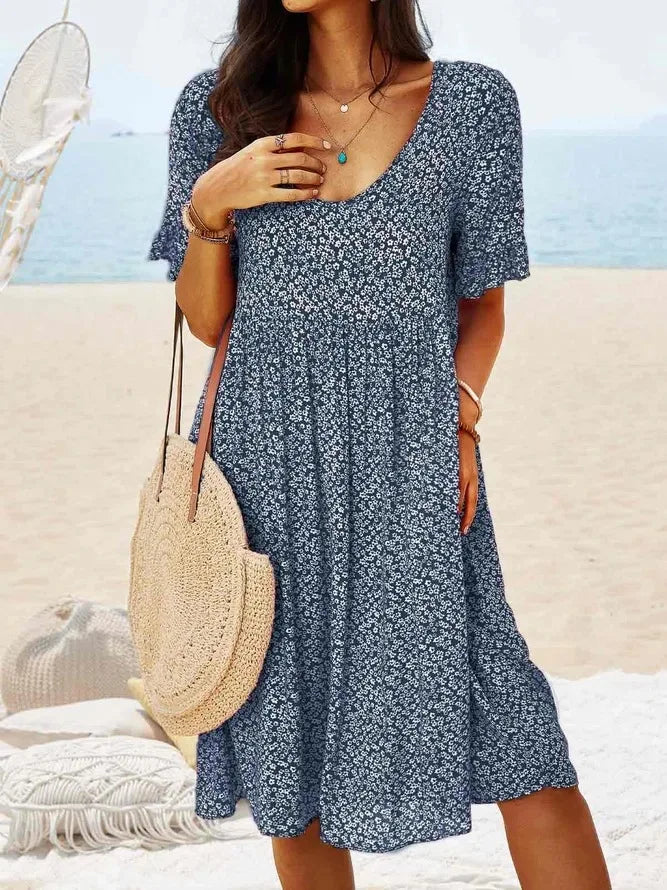 Women's Floral V-Neck Short Sleeve Smock Dress - VibreMode