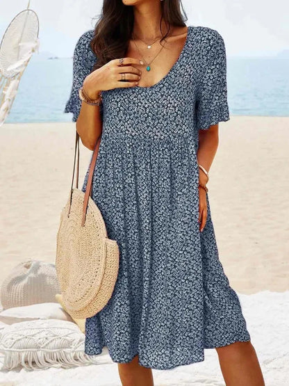Women's Floral V-Neck Short Sleeve Smock Dress - VibreMode
