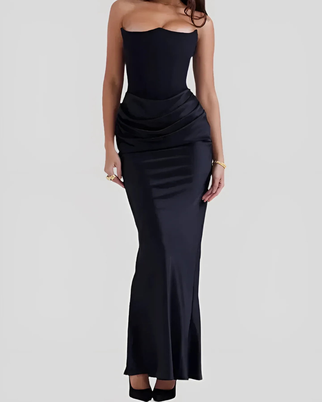 Women's Strapless Maxi Dress Corset-Seam Draped Waist Straight Skirt
