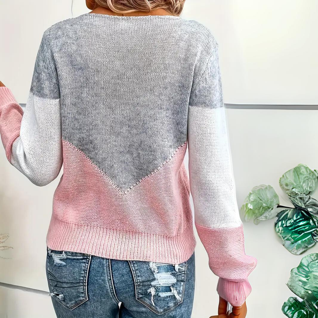 Women's V-Neck Knit Jumper Color Block Pointelle Knit
