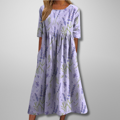 Women's Floral Maxi Dress Short Sleeves Gathered Waist
