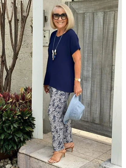 Women's Coastal Round Neck And Printed Pants Set