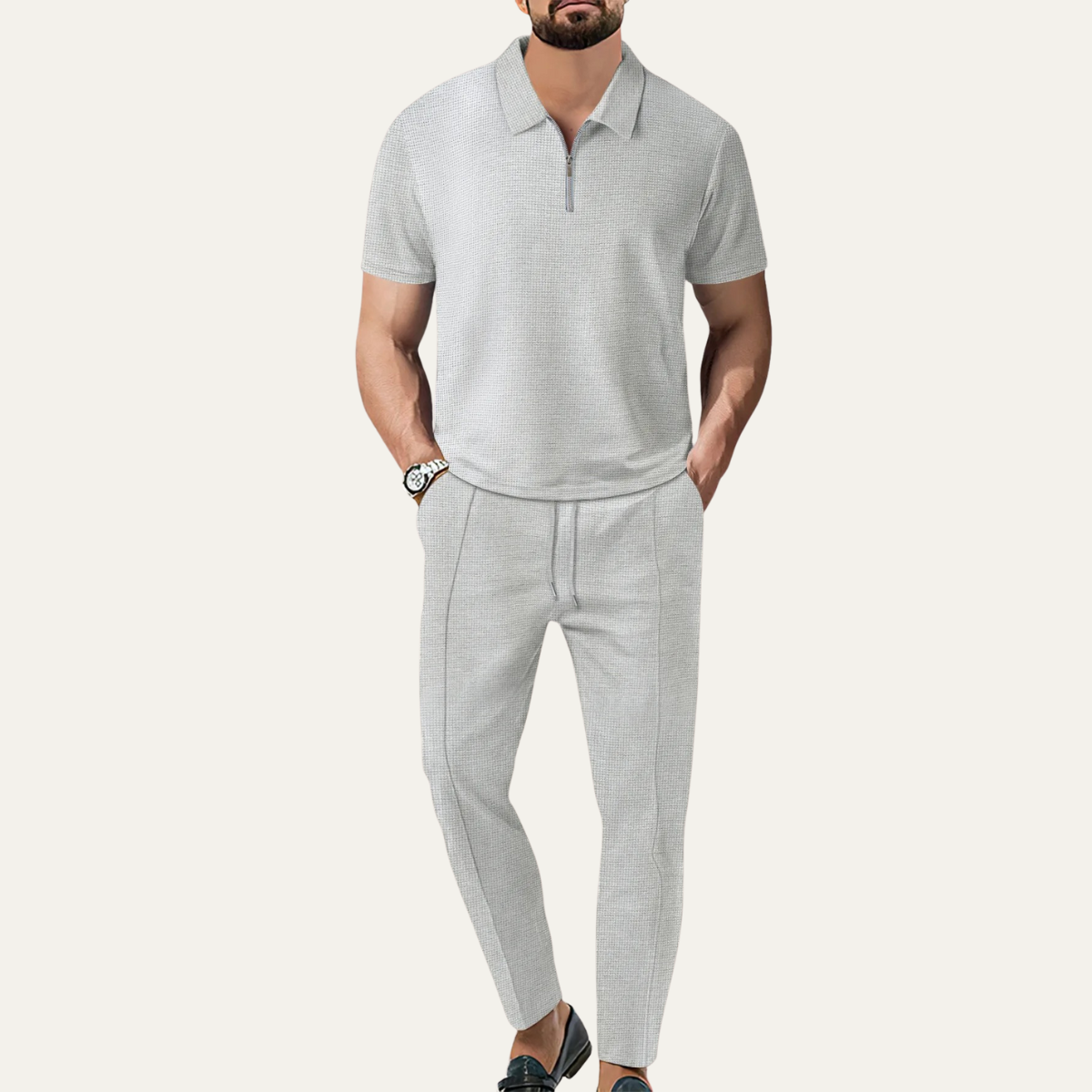 Men's Waffle Textured Short Sleeve And Pants Set