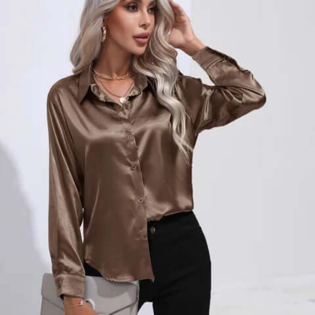 Women's Satin Long Sleeve Blouse Loose Fit