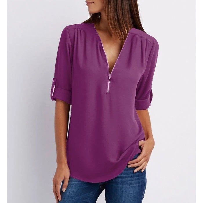 Women's Casual Blouse Zip-Up V-Neck Half Sleeve Rose