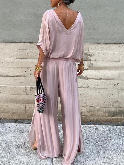 Women's V-Neck Jumpsuit Wide Leg Batwing Sleeve Two Piece