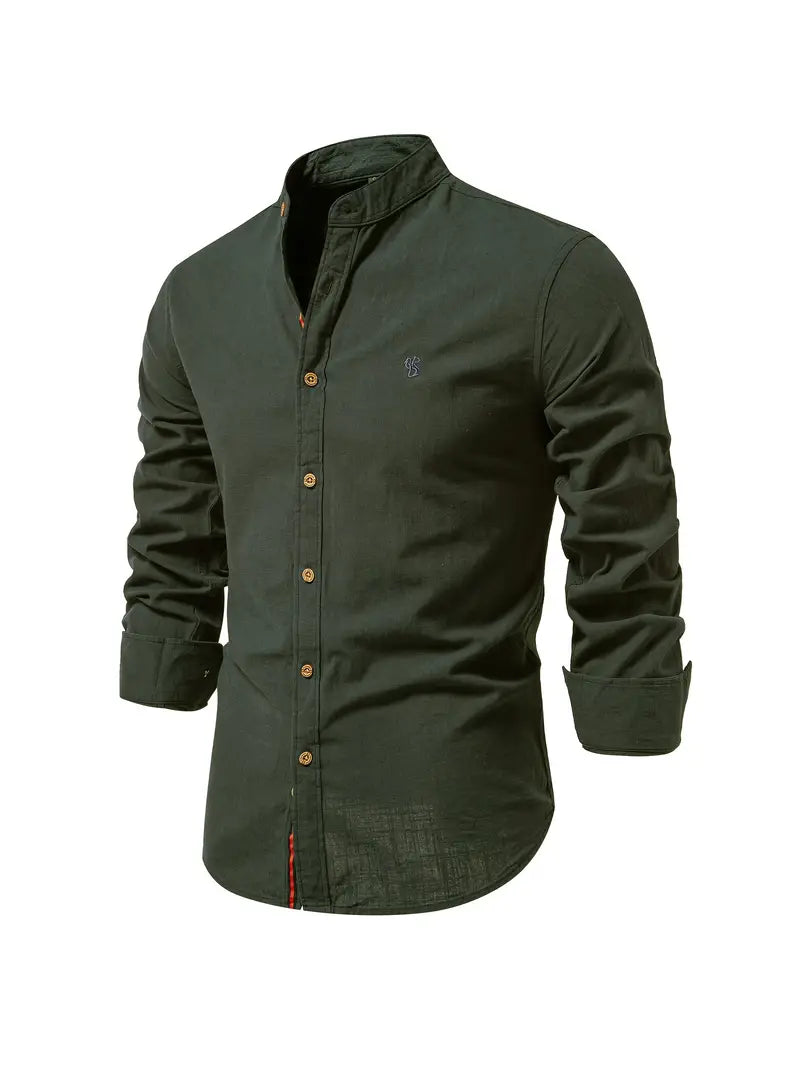 Men's Long Sleeve Button Shirt Band Collar White