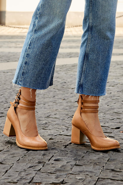 Women's Ankle Strap Sandals Smooth Leather Thick Heel