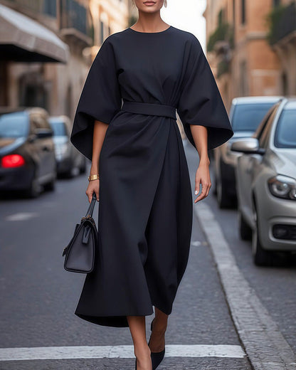 Women's Elegant Dress Lantern Sleeves Belted - VibreMode