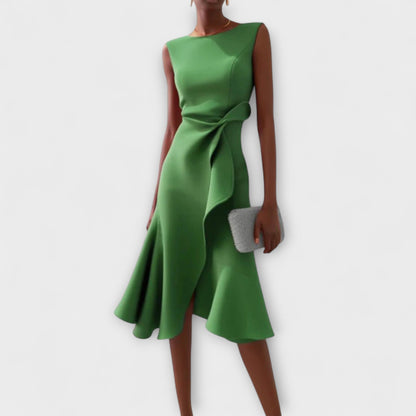 Women's Sleeveless Midi Dress Round Neck Draped Waist Asymmetric